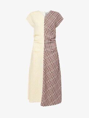 Stine Goya Ruched Waist Midi Dress/ Brown And Yellow Checks